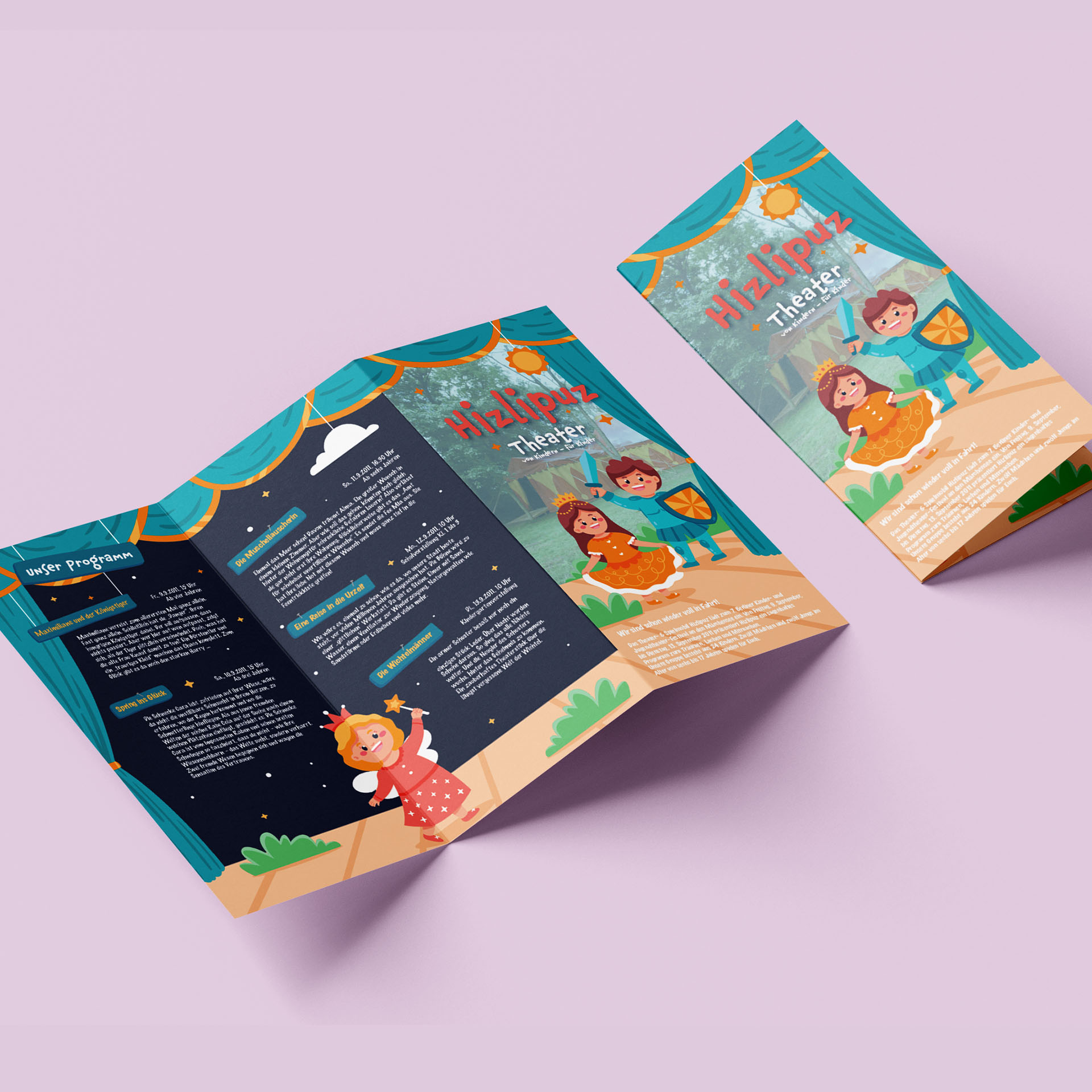 Broschüre des Kindertheaters Hizlipuz. Zickzack-Falz-Broschüre als Informationsträger, kindliche und doch moderne Gestaltung um Kinder zum Beitritt des Theaters zu animieren und auf aktuelle Angebote aufmerksam zu machen.